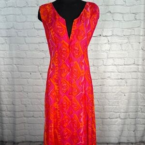 VTG 90s Festival Maxi Dress Batik Pink Orange Crochet Floral Shirt Dress Ethnic